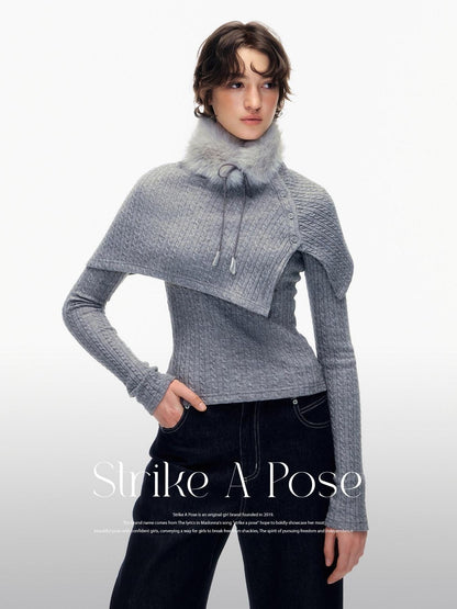 STRIKE A POSE Gray Cable Knit Fur Collar Cape Two Piece Women&
