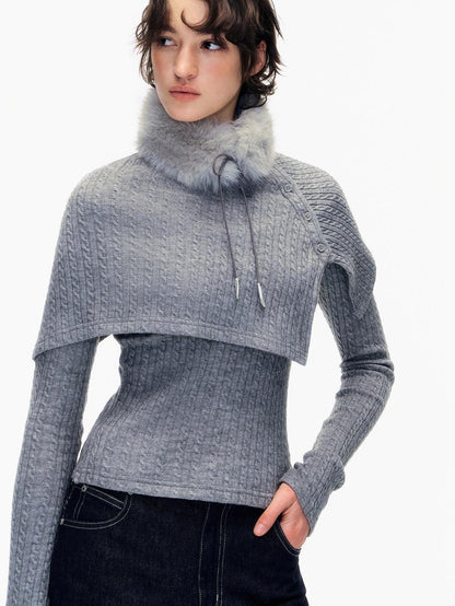 STRIKE A POSE Gray Cable Knit Fur Collar Cape Two Piece Women&