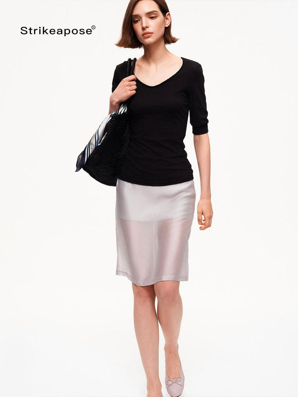 Gray Double Layer Slit Low Waist Bodycon Women's Lyocell Woven Midi Skirts