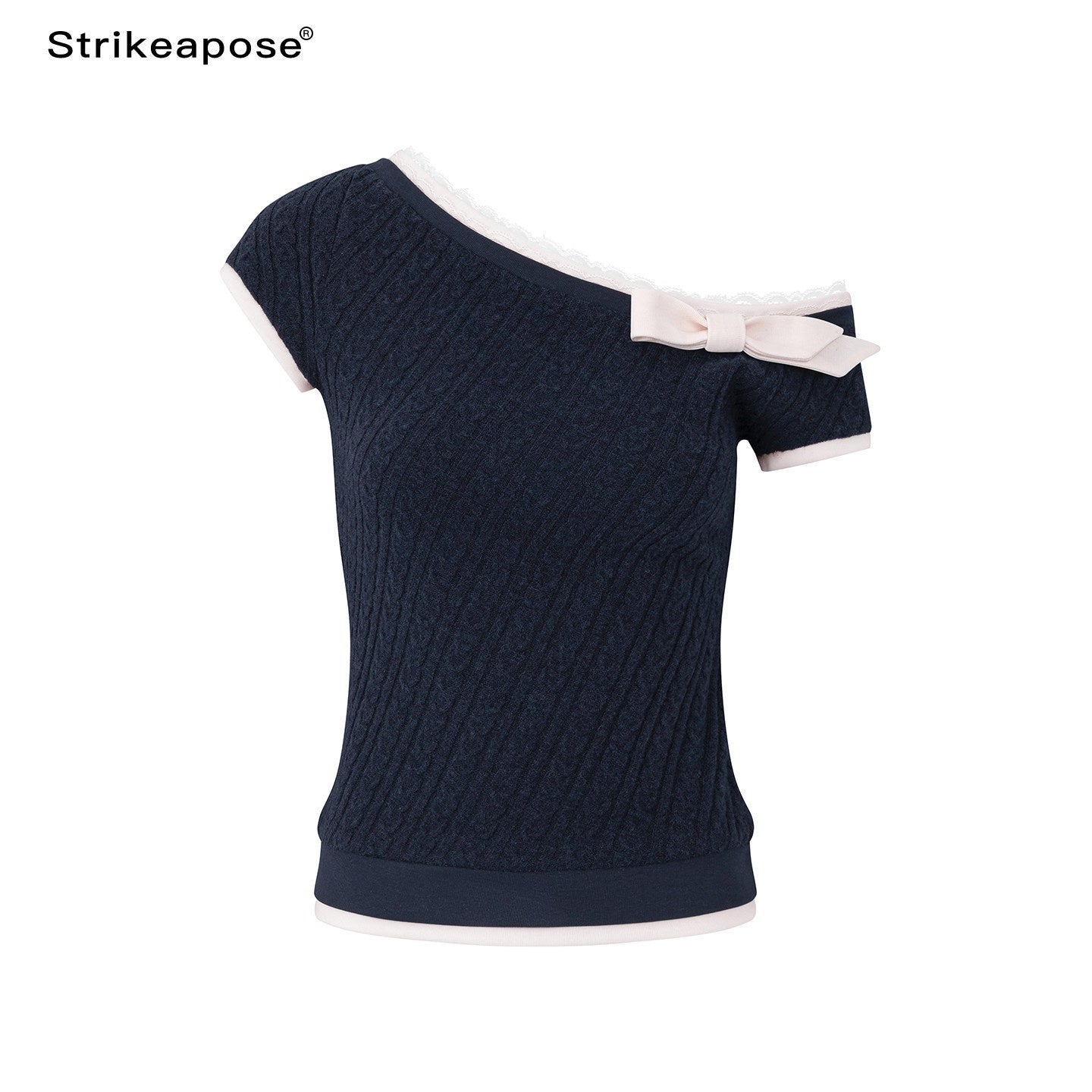 STRIKE_A_POSE_Gray_Lace_Trim_Bow_Asymmetric_Cable_Knit_Women&