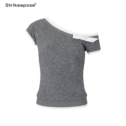 STRIKE_A_POSE_Gray_Lace_Trim_Bow_Asymmetric_Cable_Knit_Women&