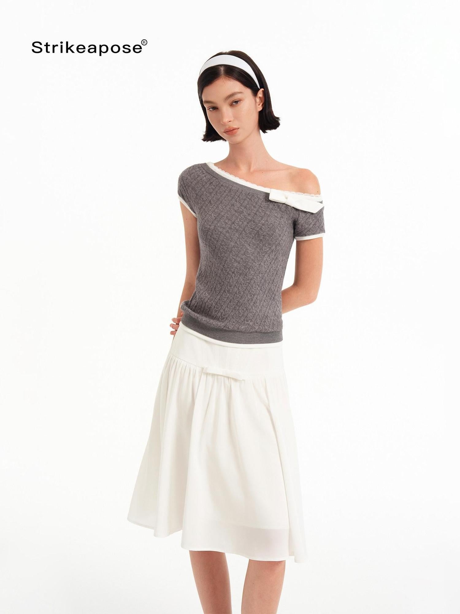 STRIKE A POSE Gray Lace Trim Bow Asymmetric Cable Knit Women&