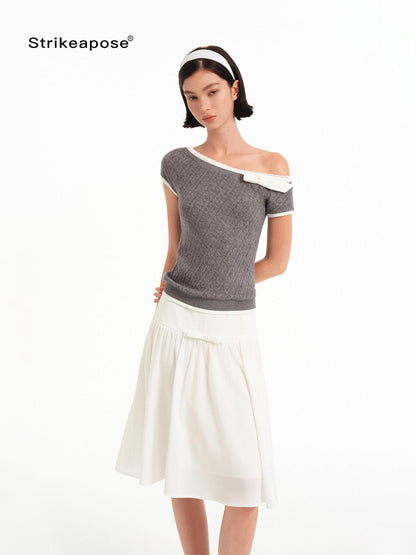 STRIKE A POSE Gray Lace Trim Bow Asymmetric Cable Knit Women&