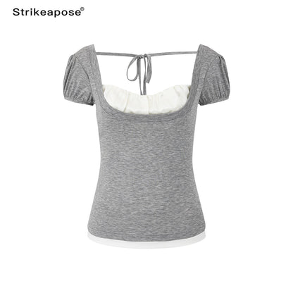 STRIKE_A_POSE_Grey_U_Neck_Puff_Sleeve_Layered_Slim_Waist_Women&