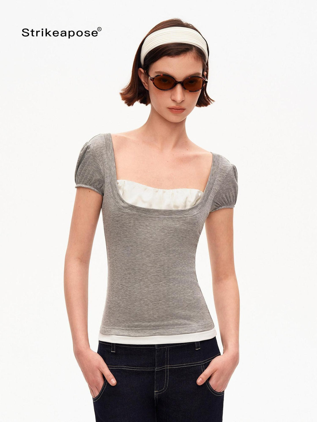 STRIKE A POSE Grey U Neck Puff Sleeve Layered Slim Waist Women&