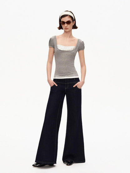 STRIKE A POSE Grey U Neck Puff Sleeve Layered Slim Waist Women&