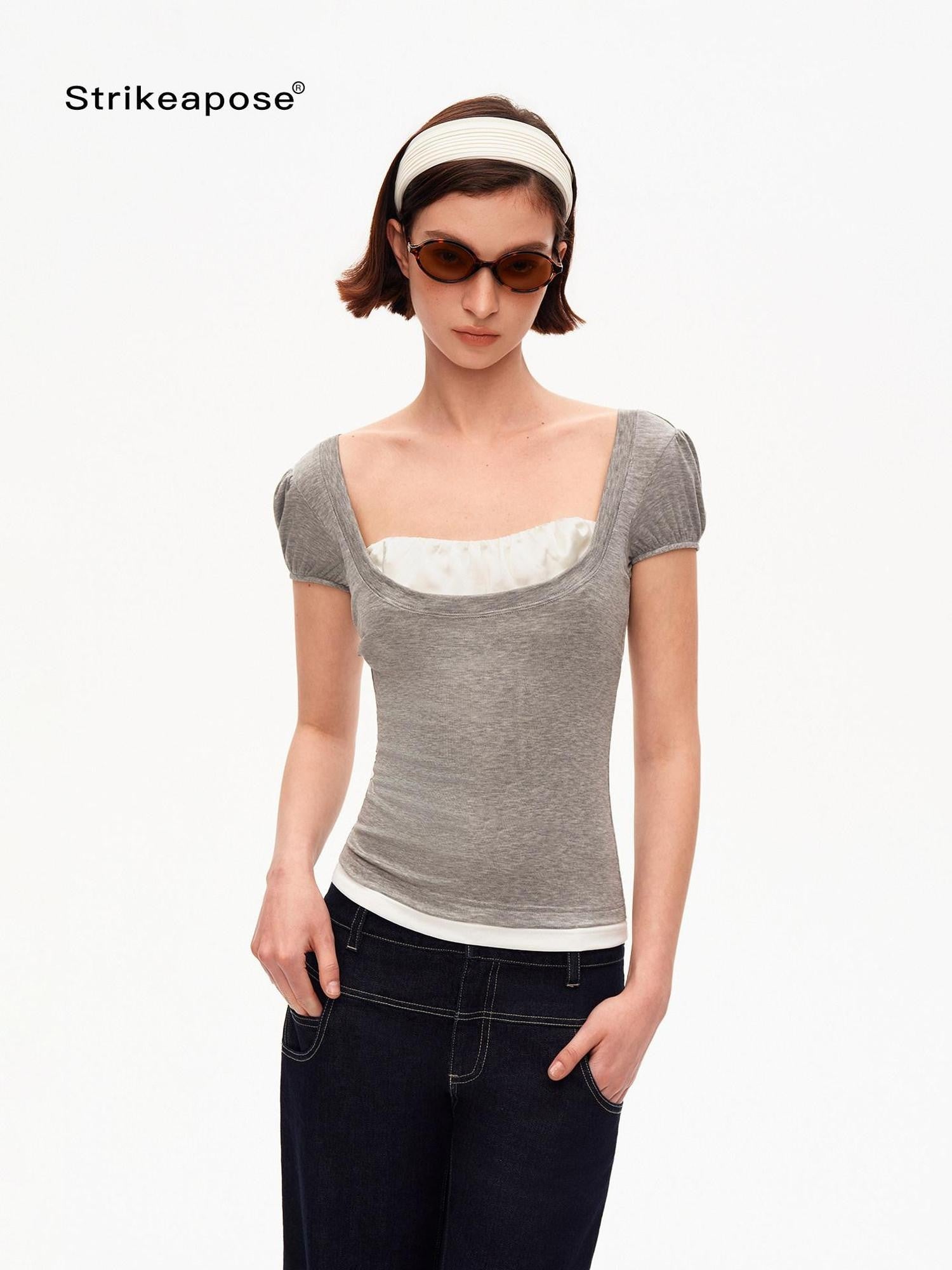 STRIKE A POSE Grey U Neck Puff Sleeve Layered Slim Waist Women&