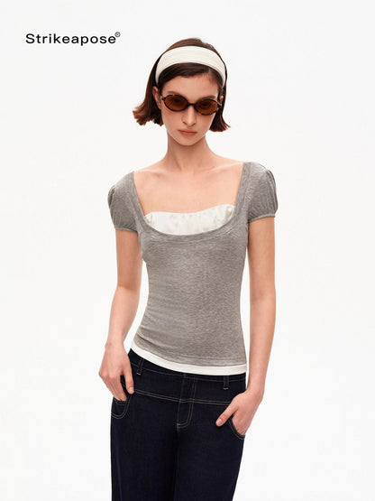 STRIKE A POSE Grey U Neck Puff Sleeve Layered Slim Waist Women&