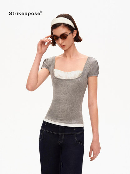 STRIKE A POSE Grey U Neck Puff Sleeve Layered Slim Waist Women&