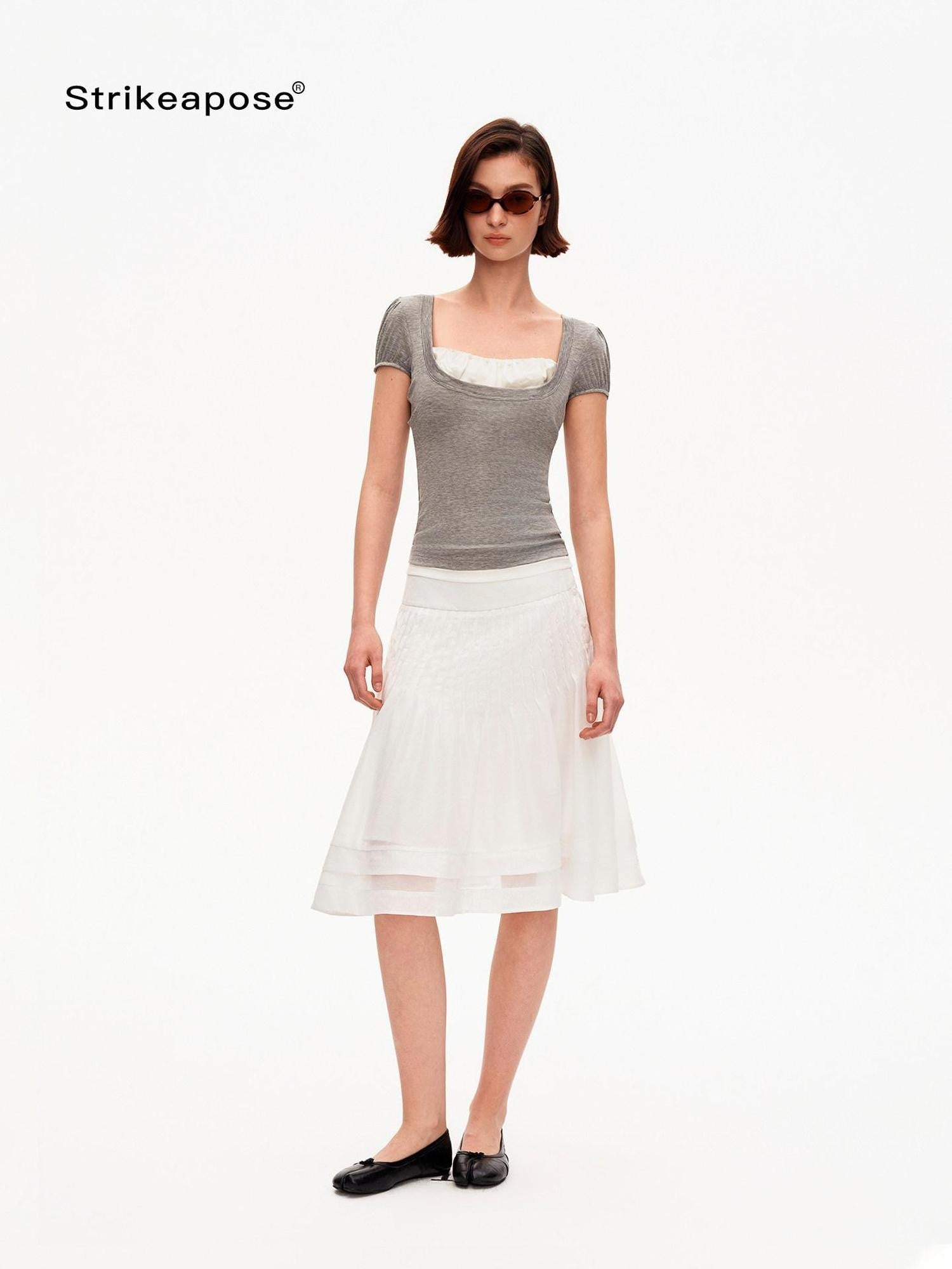 STRIKE A POSE Grey U Neck Puff Sleeve Layered Slim Waist Women&