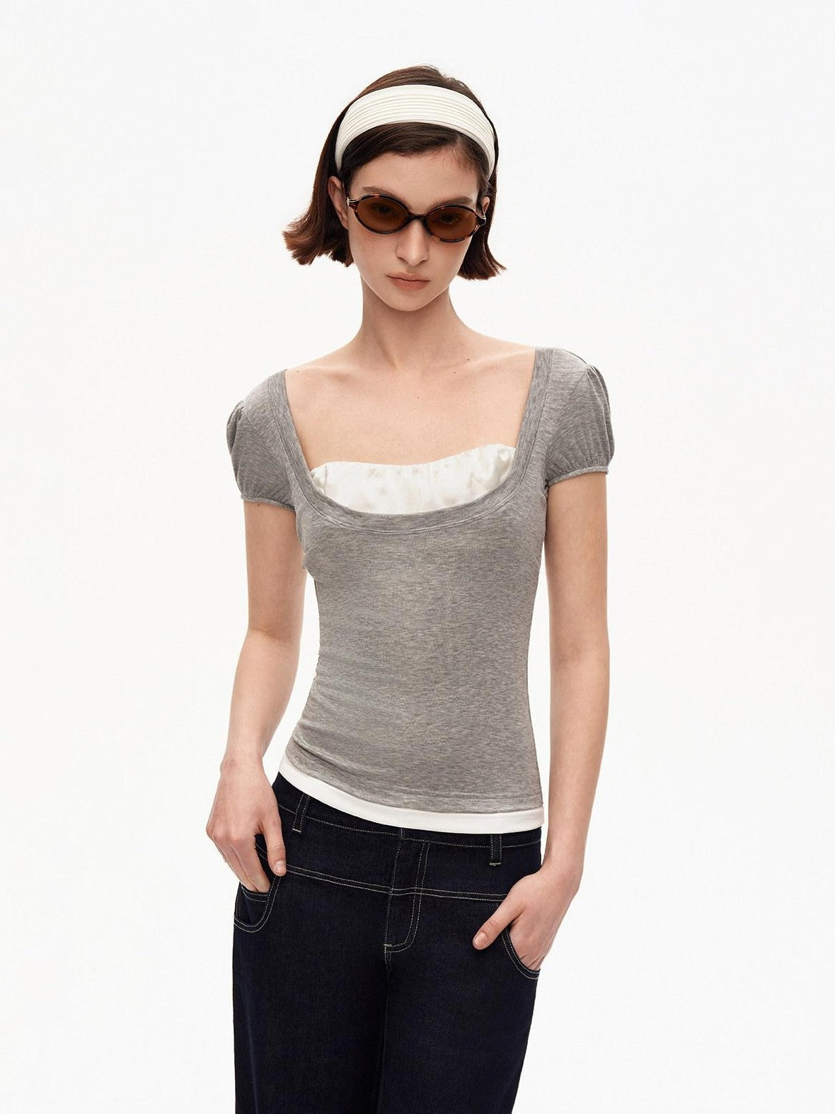 STRIKE A POSE Grey U Neck Puff Sleeve Layered Slim Waist Women&