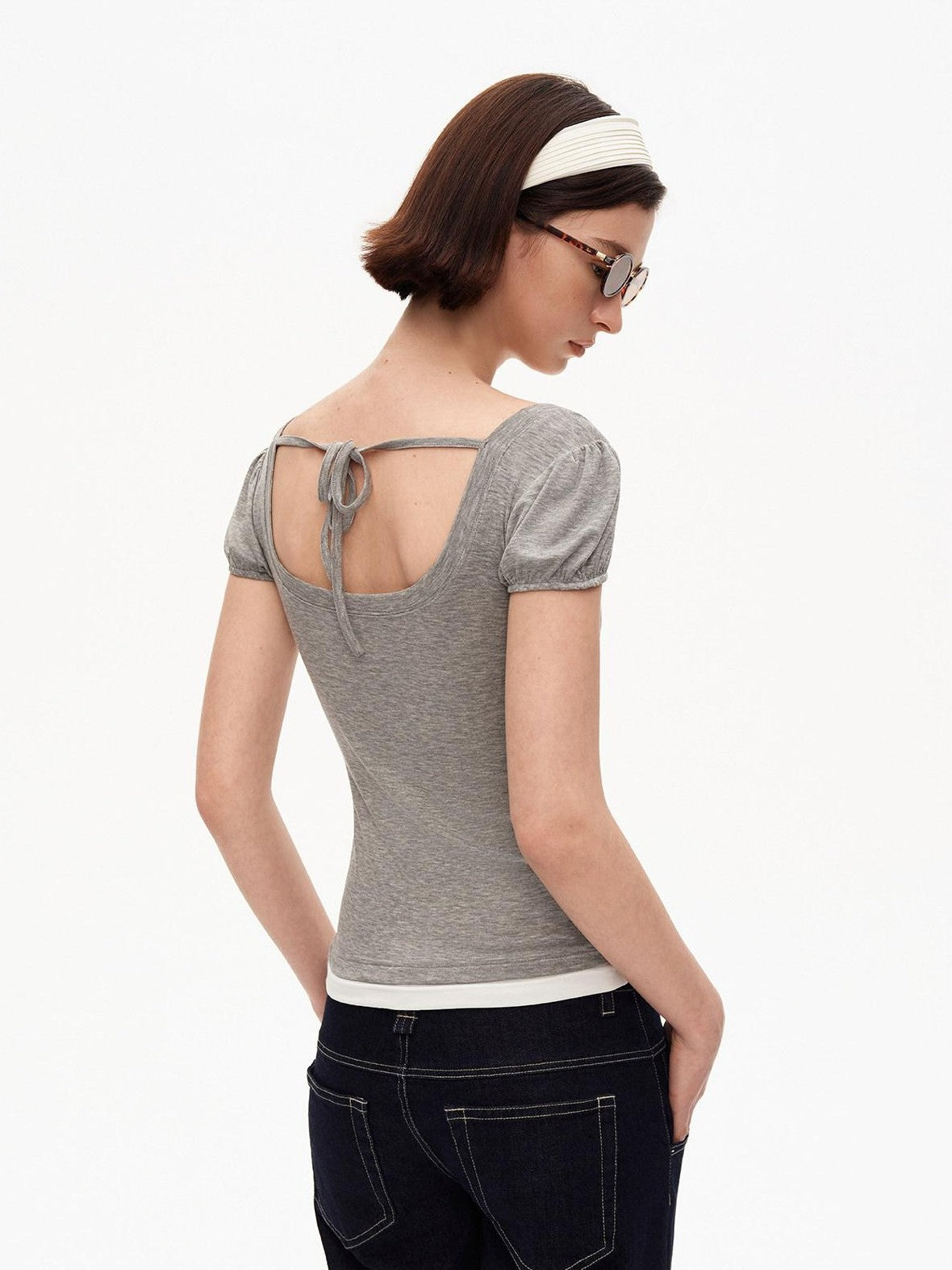 STRIKE A POSE Grey U Neck Puff Sleeve Layered Slim Waist Women&