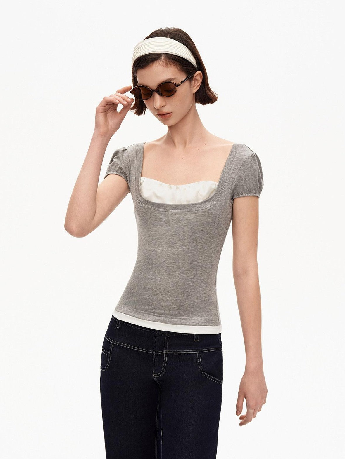 STRIKE A POSE Grey U Neck Puff Sleeve Layered Slim Waist Women&