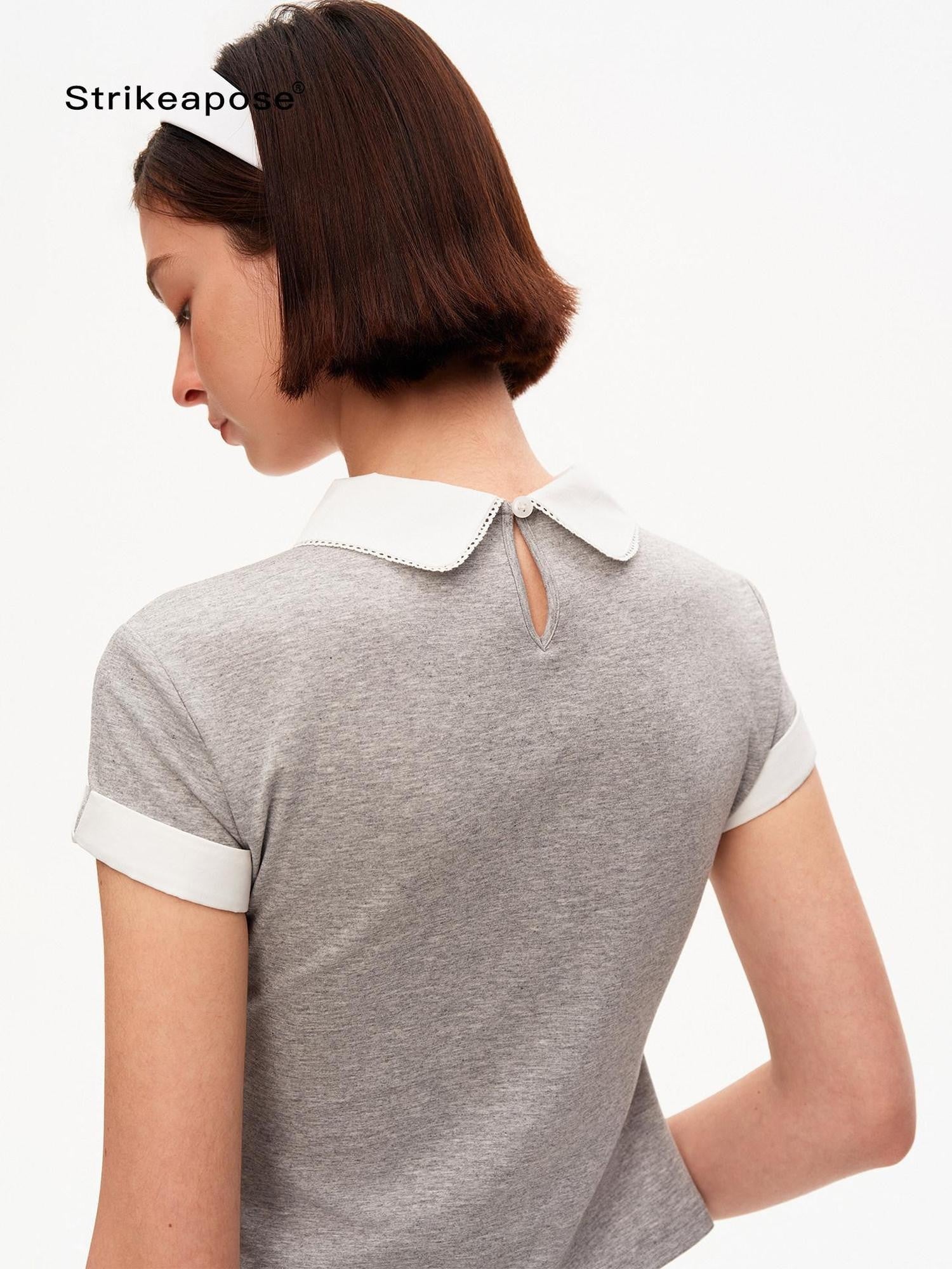 STRIKE A POSE Heather Gray Contrast Splice Doll Collar Women&