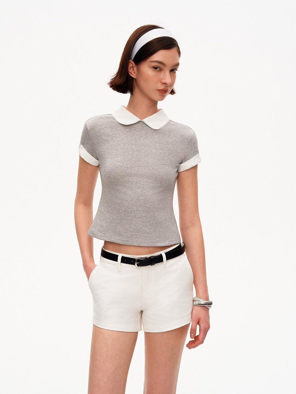 STRIKE A POSE Heather Gray Contrast Splice Doll Collar Women&