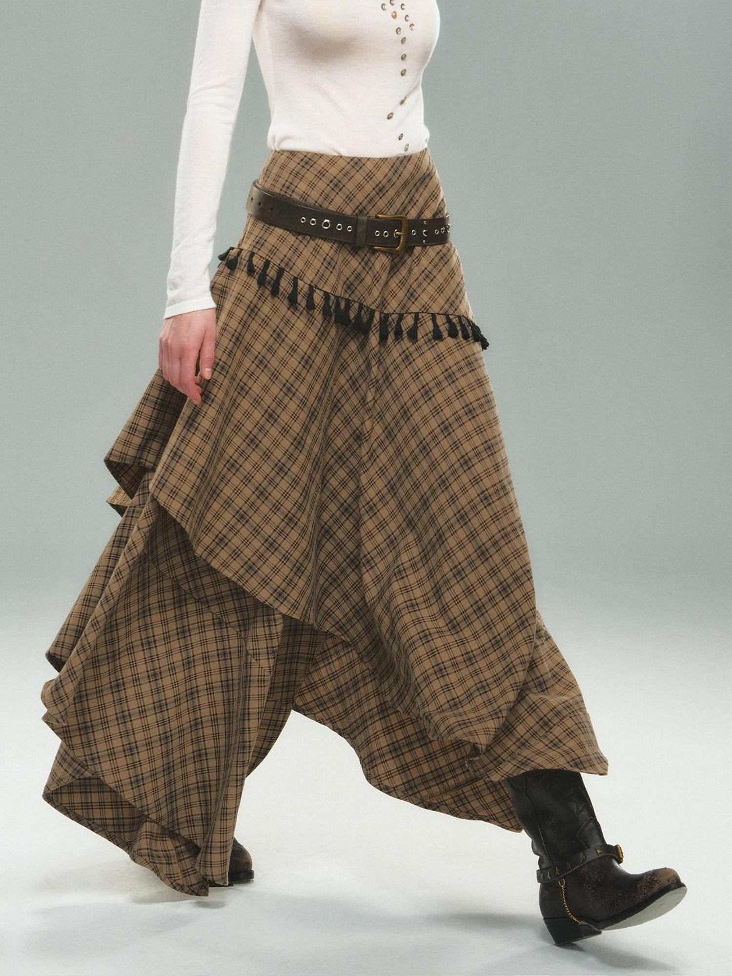 STRIKE A POSE Irregular Plaid Asymmetrical High Waist Women&