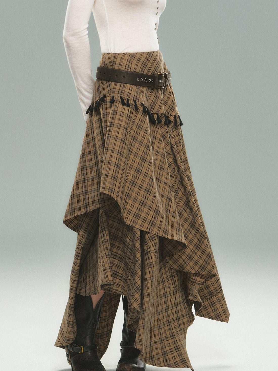 STRIKE A POSE Irregular Plaid Asymmetrical High Waist Women&