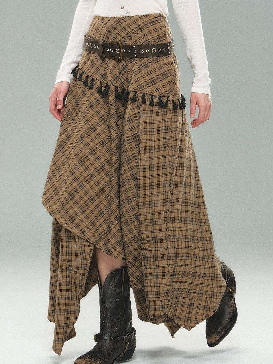 STRIKE A POSE Irregular Plaid Asymmetrical High Waist Women&