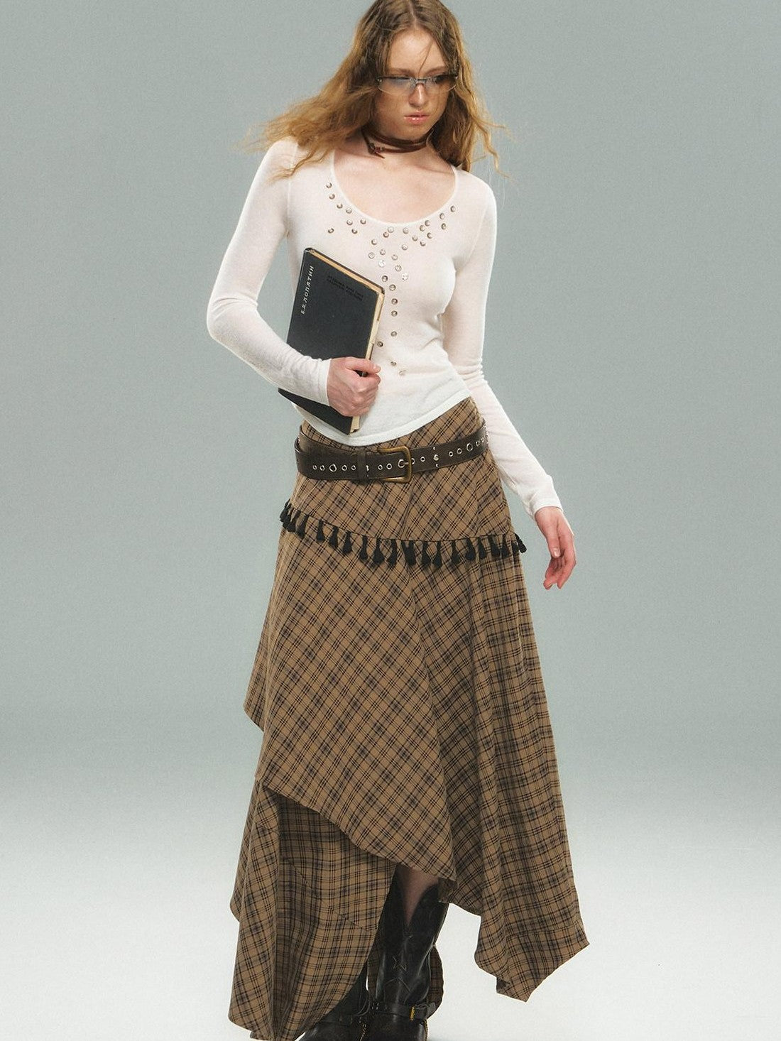 STRIKE A POSE Irregular Plaid Asymmetrical High Waist Women&