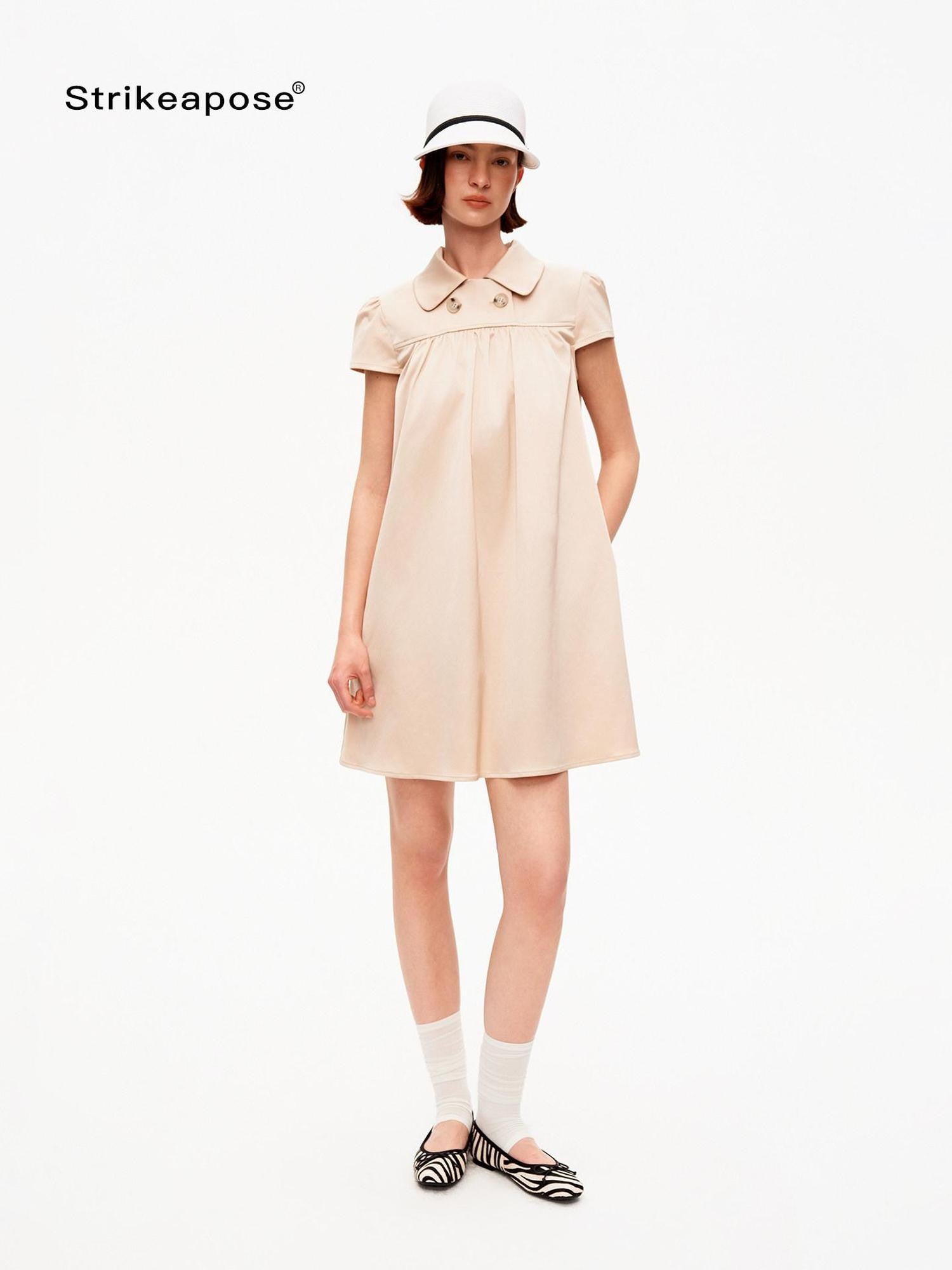 STRIKE A POSE Khaki Doll Collar Puff Sleeves High Waist Women&