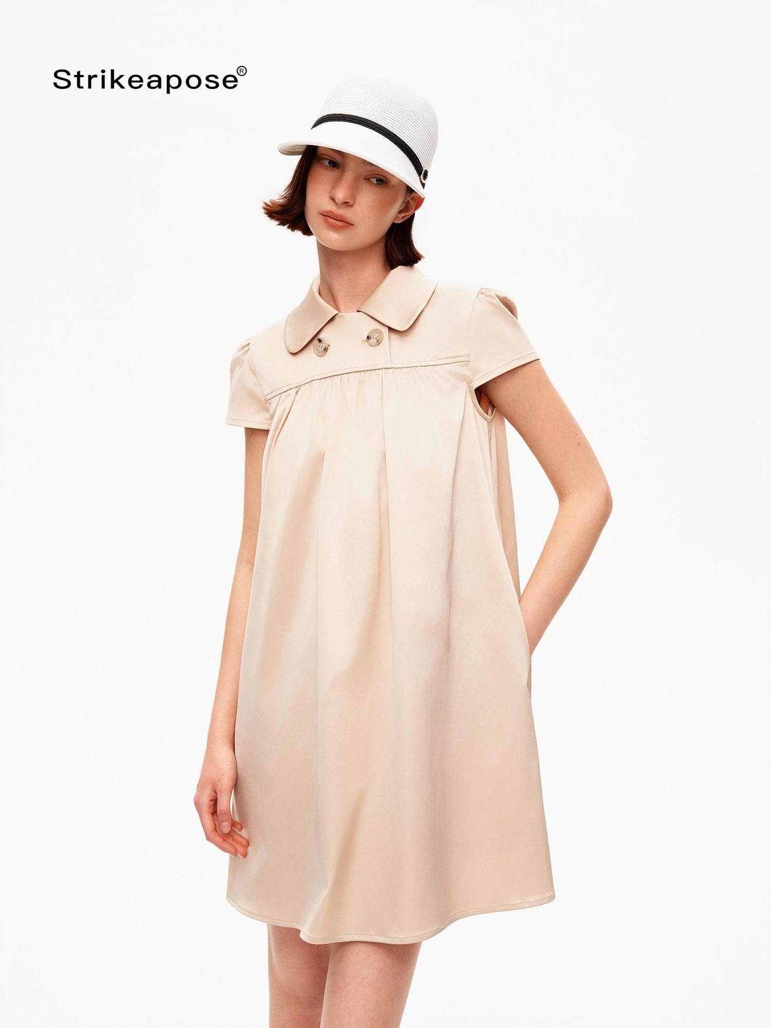 STRIKE A POSE Khaki Doll Collar Puff Sleeves High Waist Women&
