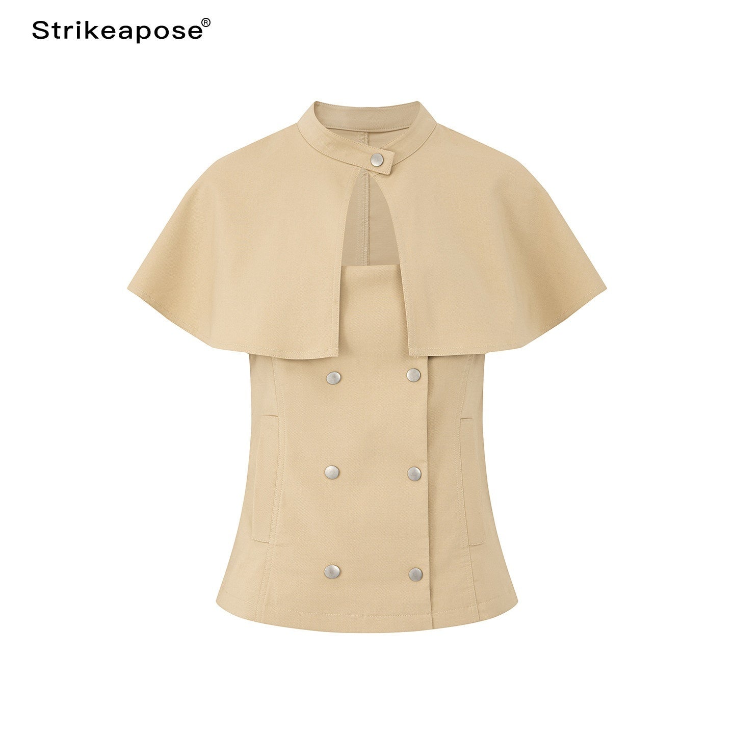 STRIKE_A_POSE_Khaki_Stand_Collar_Double_Breasted_Structured_Cotton_Blend_Women&