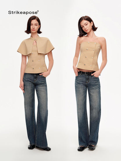 STRIKE A POSE Khaki Stand Collar Double Breasted Structured Cotton Blend Women&