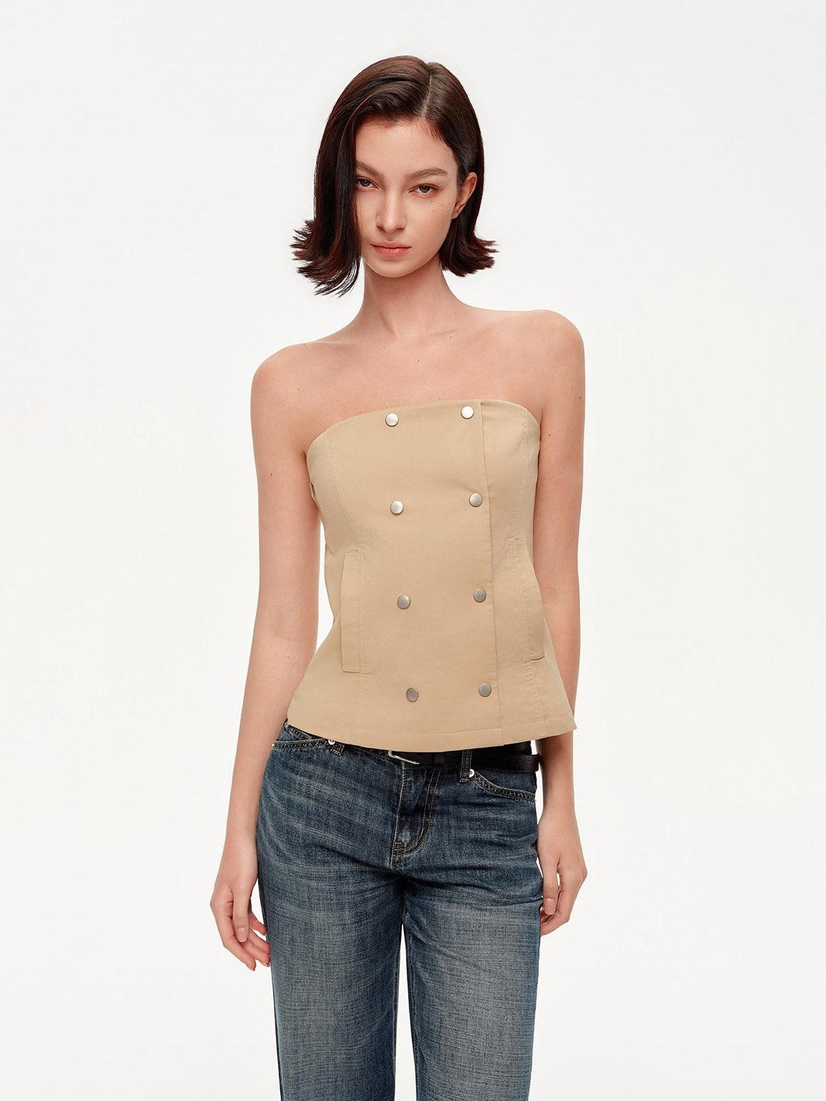 STRIKE A POSE Khaki Stand Collar Double Breasted Structured Cotton Blend Women&