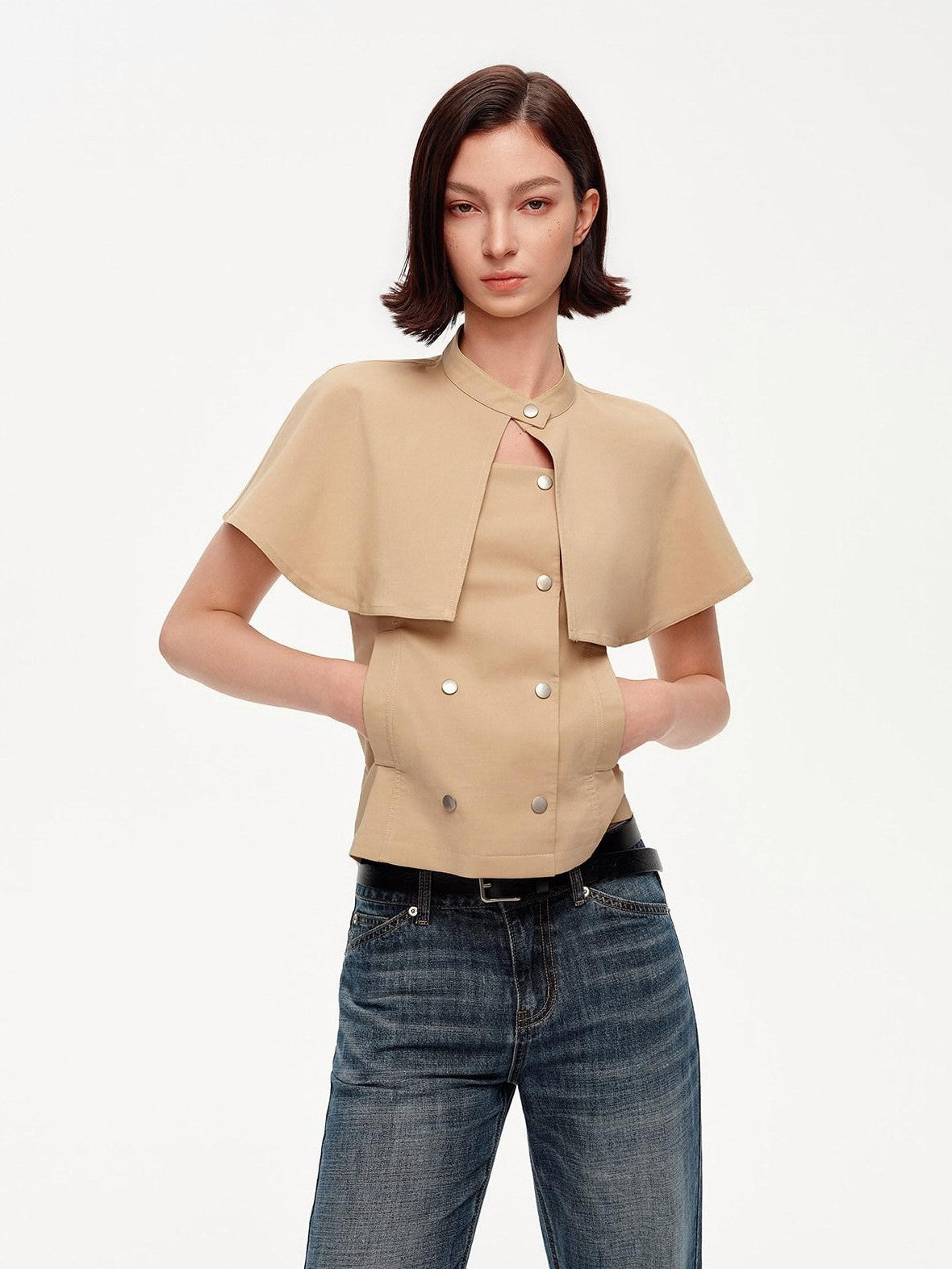 STRIKE A POSE Khaki Stand Collar Double Breasted Structured Cotton Blend Women&