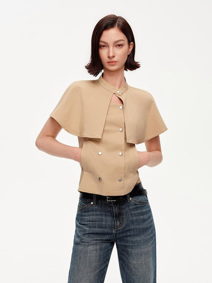 STRIKE A POSE Khaki Stand Collar Double Breasted Structured Cotton Blend Women&
