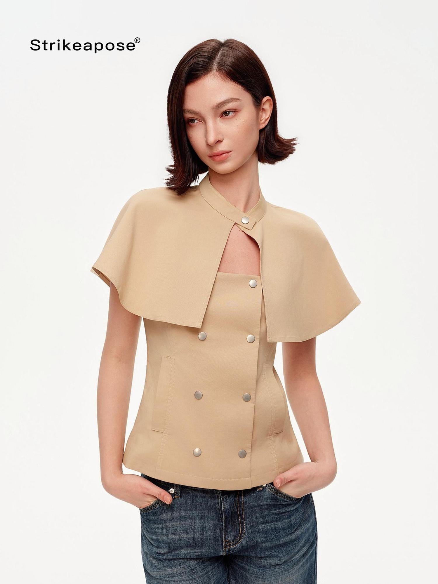 STRIKE A POSE Khaki Stand Collar Double Breasted Structured Cotton Blend Women&