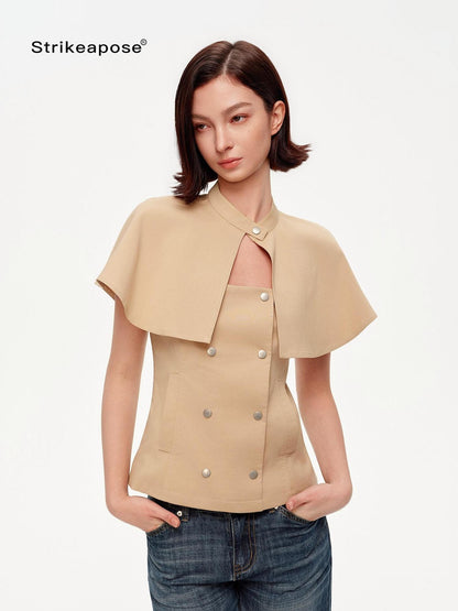 STRIKE A POSE Khaki Stand Collar Double Breasted Structured Cotton Blend Women&