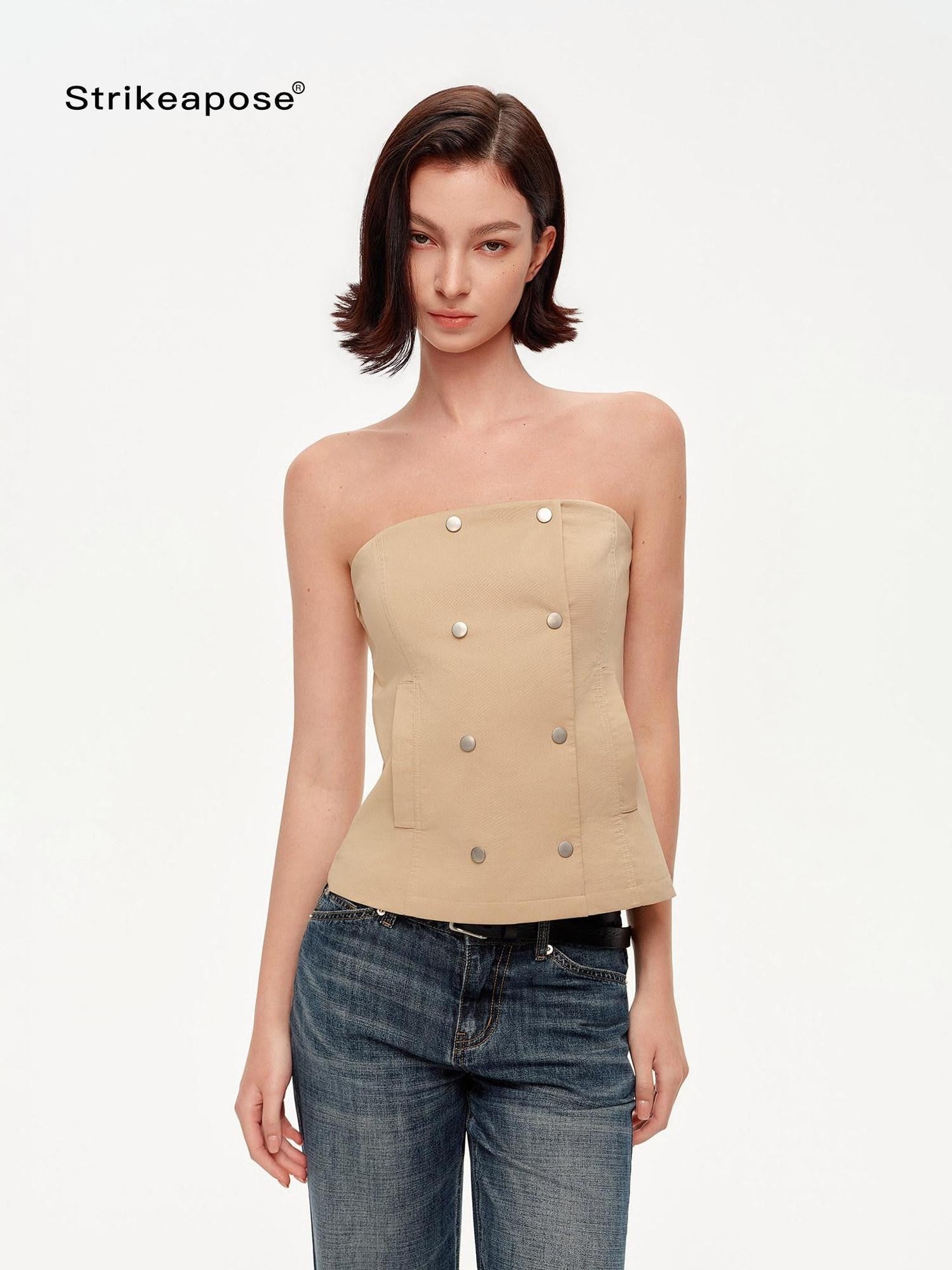 STRIKE A POSE Khaki Stand Collar Double Breasted Structured Cotton Blend Women&