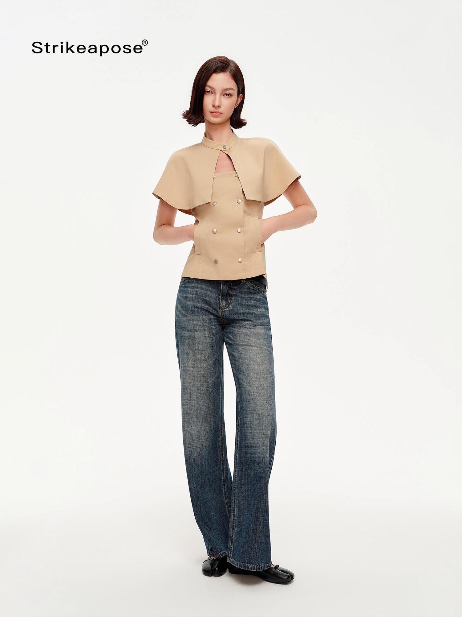 STRIKE A POSE Khaki Stand Collar Double Breasted Structured Cotton Blend Women&