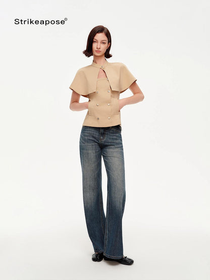 STRIKE A POSE Khaki Stand Collar Double Breasted Structured Cotton Blend Women&