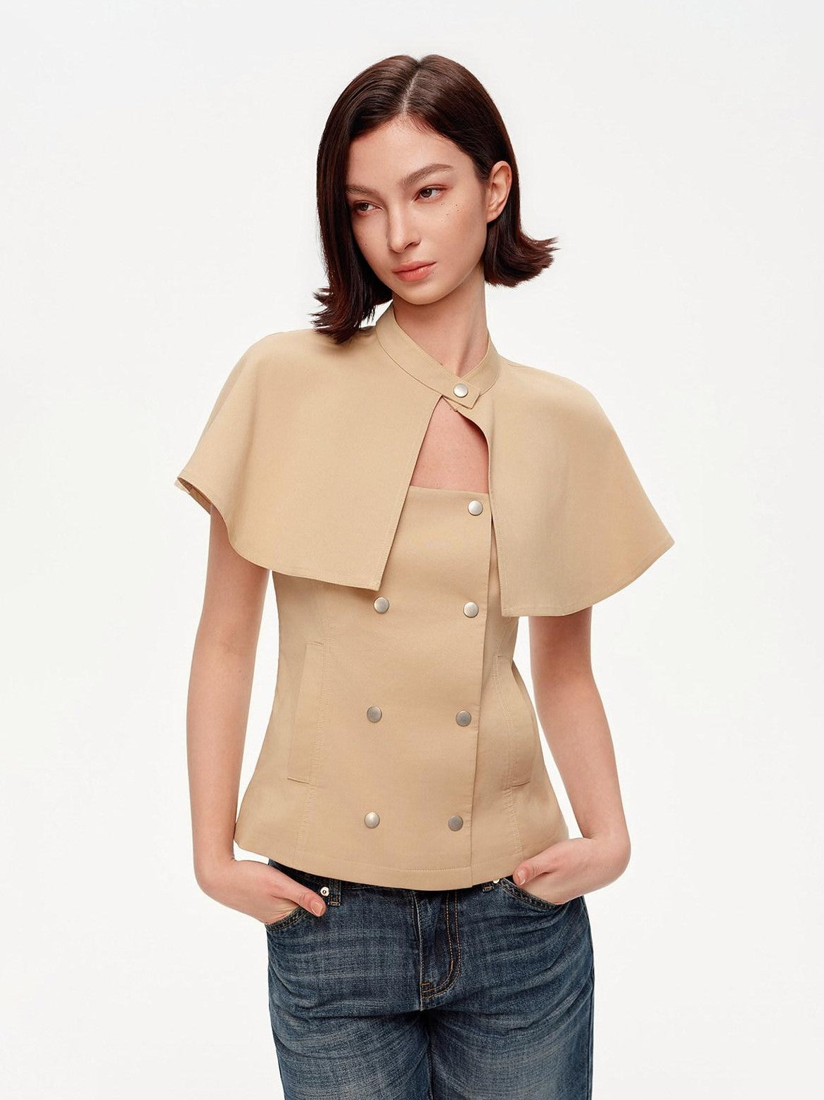 STRIKE A POSE Khaki Stand Collar Double Breasted Structured Cotton Blend Women&
