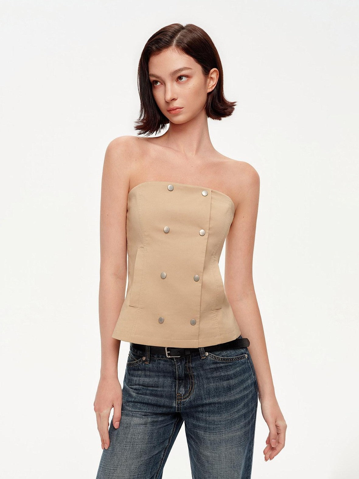 STRIKE A POSE Khaki Stand Collar Double Breasted Structured Cotton Blend Women&