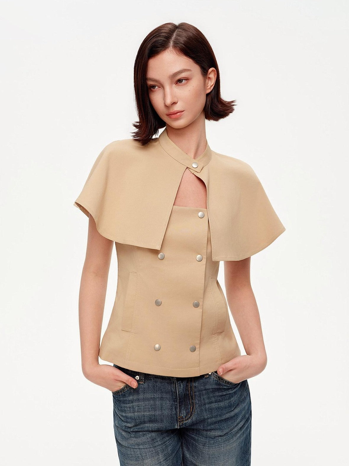 STRIKE A POSE Khaki Stand Collar Double Breasted Structured Cotton Blend Women&