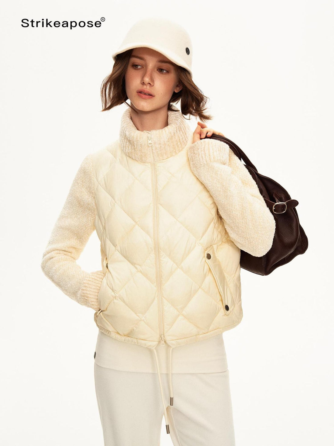STRIKE A POSE Knitted Stand Collar White Duck Down Women&