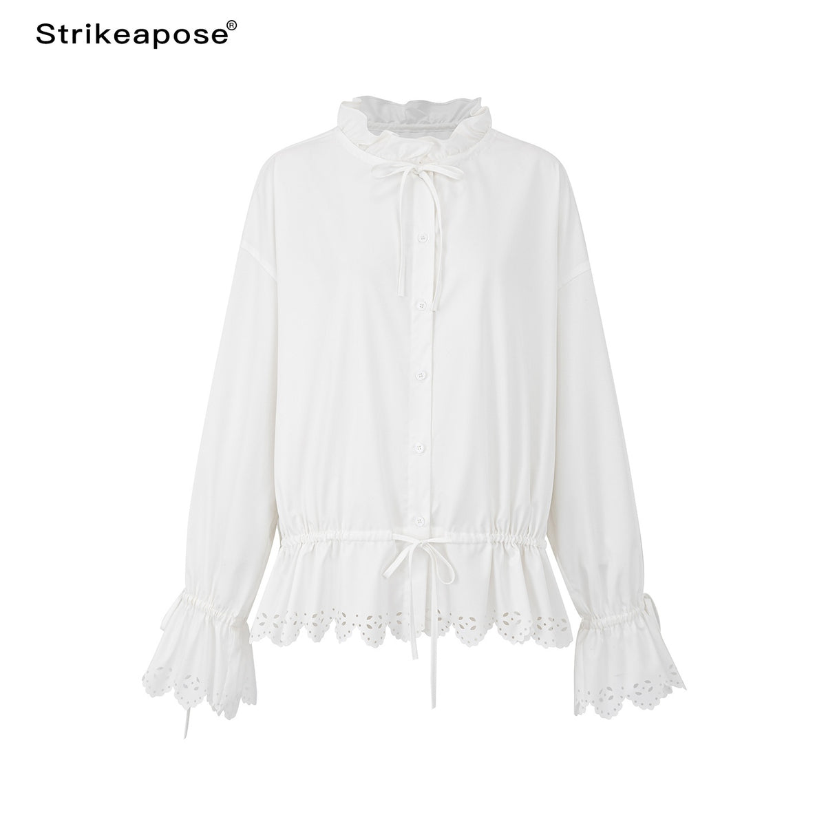 STRIKE_A_POSE_Lace_Ruffle_Drawstring_Stand_Collar_Loose_3_4_Sleeve_Women&