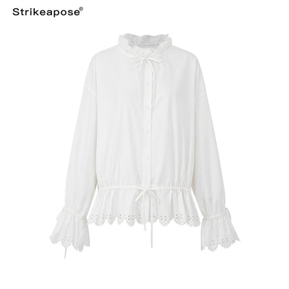 STRIKE_A_POSE_Lace_Ruffle_Drawstring_Stand_Collar_Loose_3_4_Sleeve_Women&