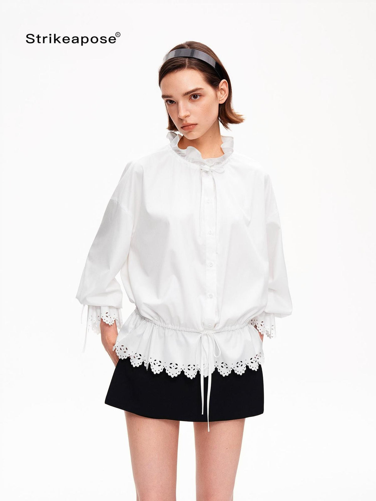 STRIKE A POSE Lace Ruffle Drawstring Stand Collar Loose 3 4 Sleeve Women&