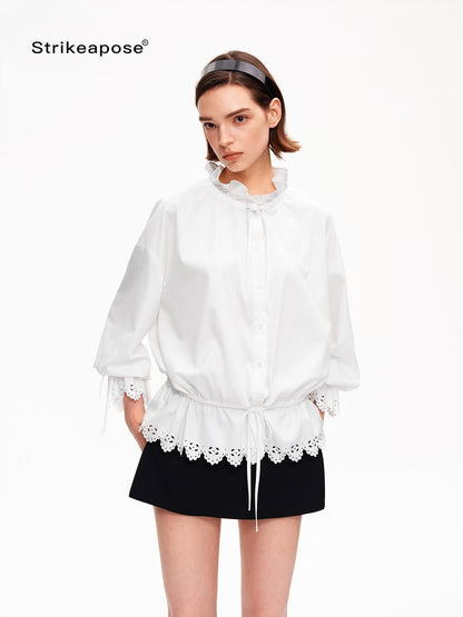 STRIKE A POSE Lace Ruffle Drawstring Stand Collar Loose 3 4 Sleeve Women&