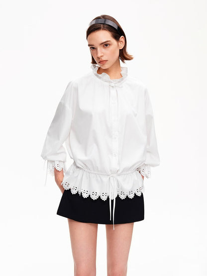 STRIKE A POSE Lace Ruffle Drawstring Stand Collar Loose 3 4 Sleeve Women&