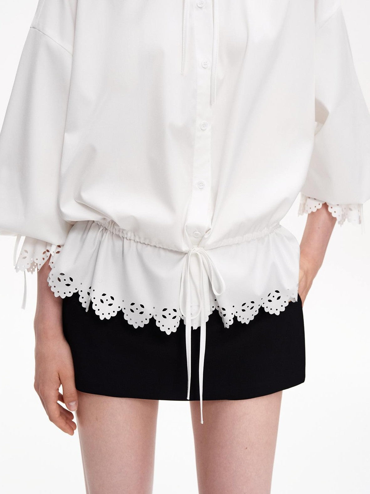 STRIKE A POSE Lace Ruffle Drawstring Stand Collar Loose 3 4 Sleeve Women&