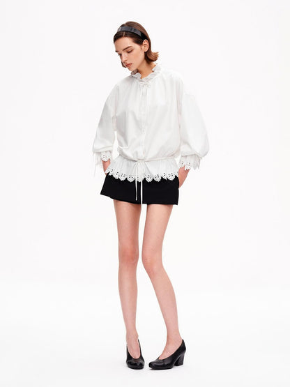 STRIKE A POSE Lace Ruffle Drawstring Stand Collar Loose 3 4 Sleeve Women&
