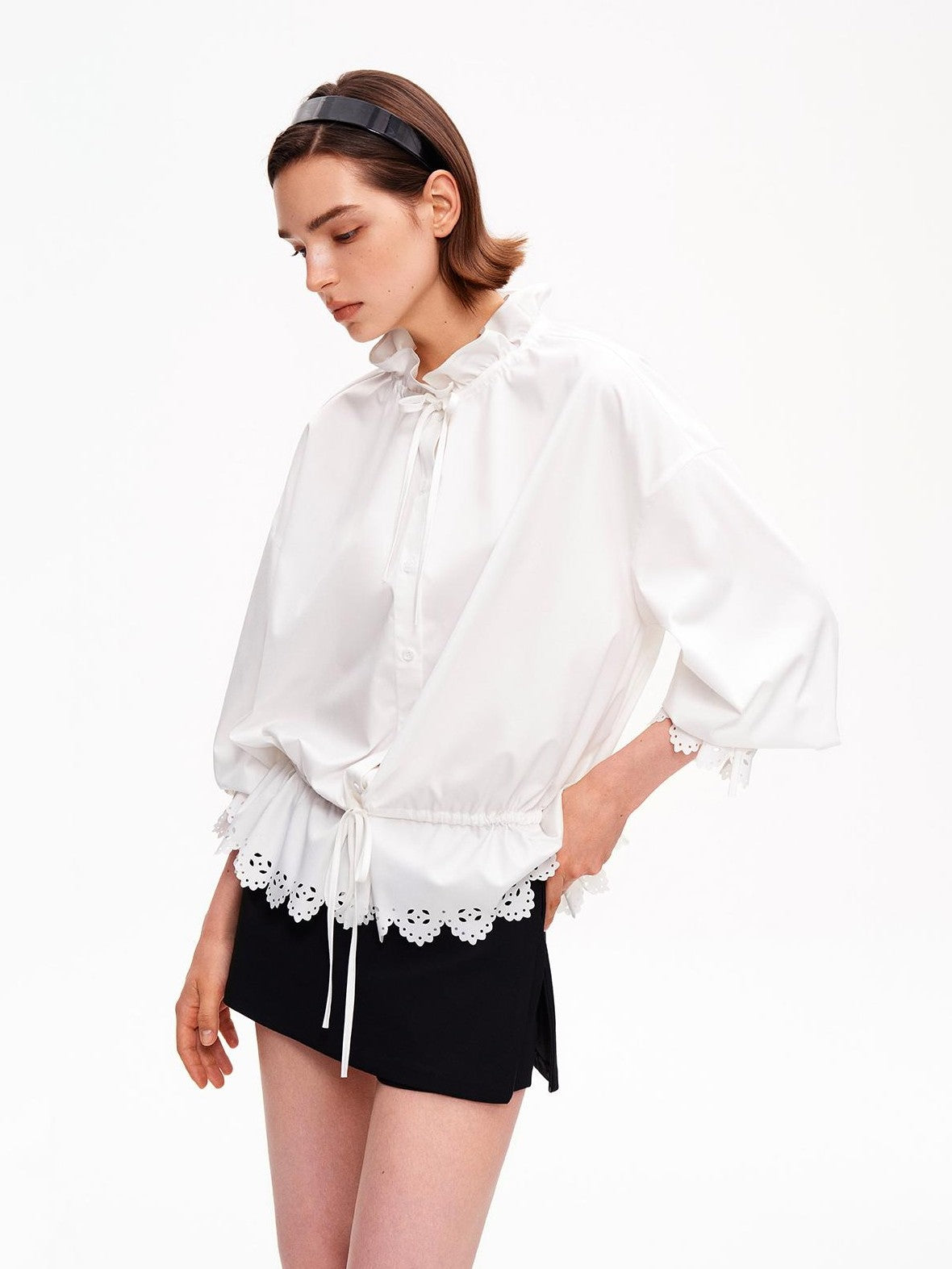 STRIKE A POSE Lace Ruffle Drawstring Stand Collar Loose 3 4 Sleeve Women&