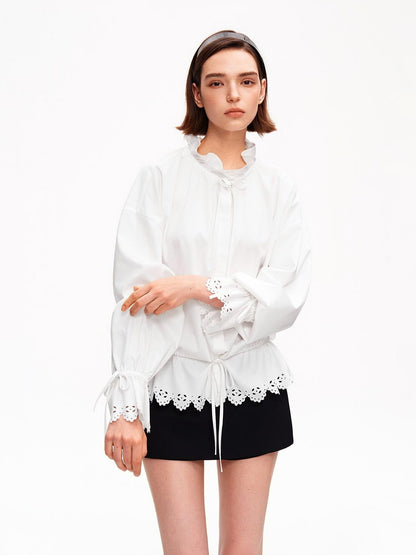 STRIKE A POSE Lace Ruffle Drawstring Stand Collar Loose 3 4 Sleeve Women&