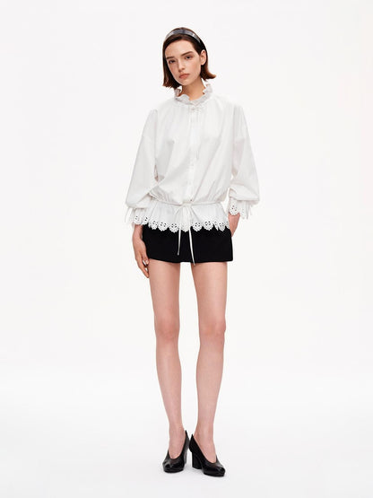 STRIKE A POSE Lace Ruffle Drawstring Stand Collar Loose 3 4 Sleeve Women&