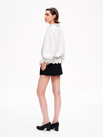 STRIKE A POSE Lace Ruffle Drawstring Stand Collar Loose 3 4 Sleeve Women&